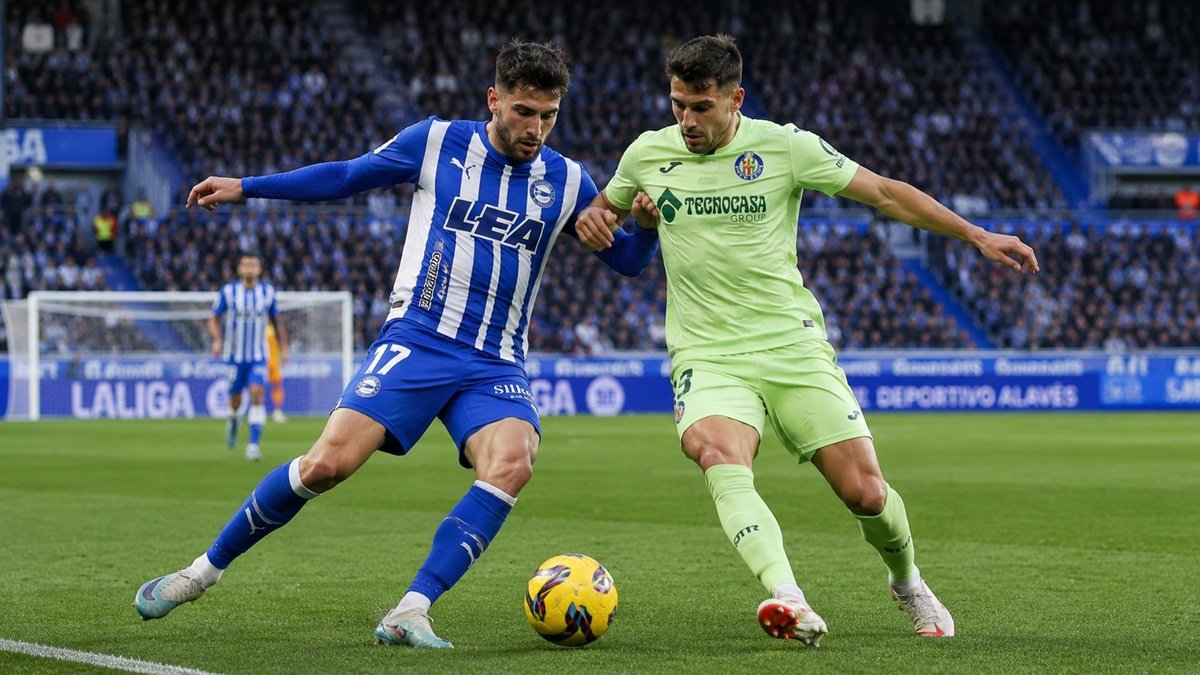 Alaves and Getafe players competing during a La Liga match